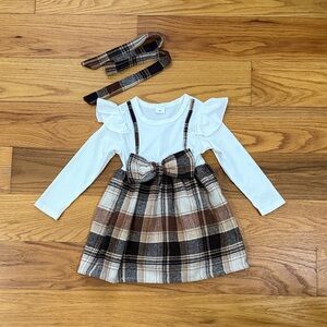 Plaid Jumper Dress with White Ruffle Top